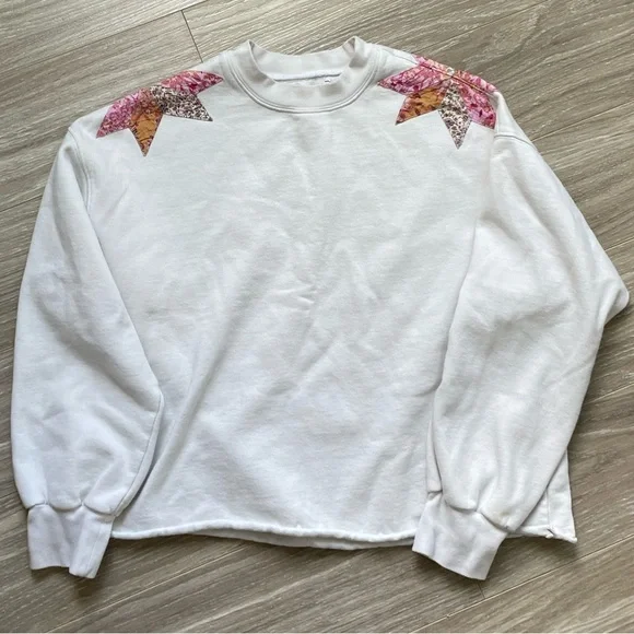Xirena Estella Star-Appliquéd Quilt Cotton Cropped Sweatshirt Snowdrop Sz XS - Picture 3 of 13